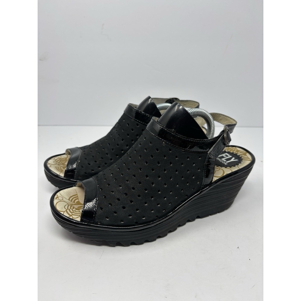 Fly London Black Leather Wedge Sandals P500568001 Euro 39 US 8.5